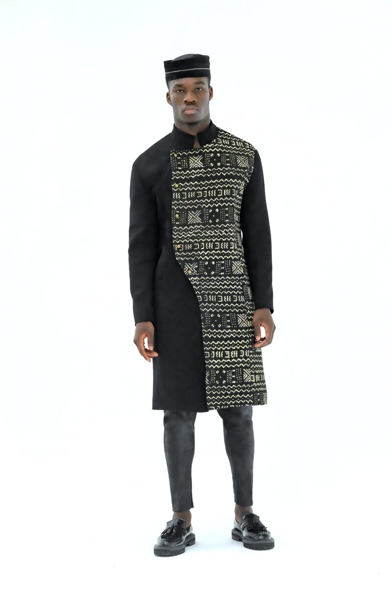 Asymmetrical Bogolan Jacket Black and White