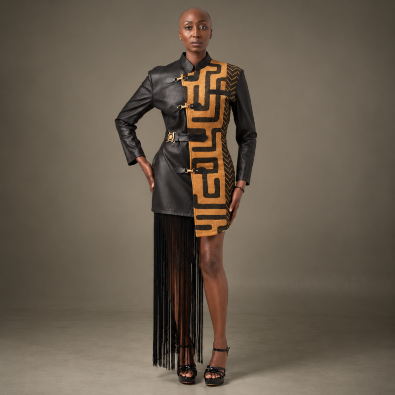 Veste-Robe Femme ·LOBIKO Simili-Cuir & Raphia · Pièce Unique