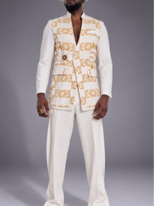 Veste MOKONZI – Blazer Croisé Kente Ashanti Blanc & Or Ghana