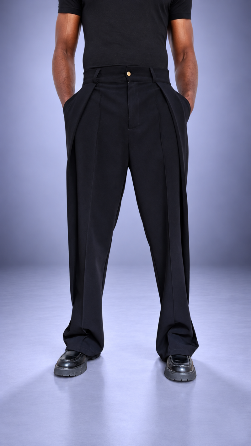 Pantalon pince plissée LIBOSO – Crêpe Fluide Noir Oversize Croisé | S.Keïdgi