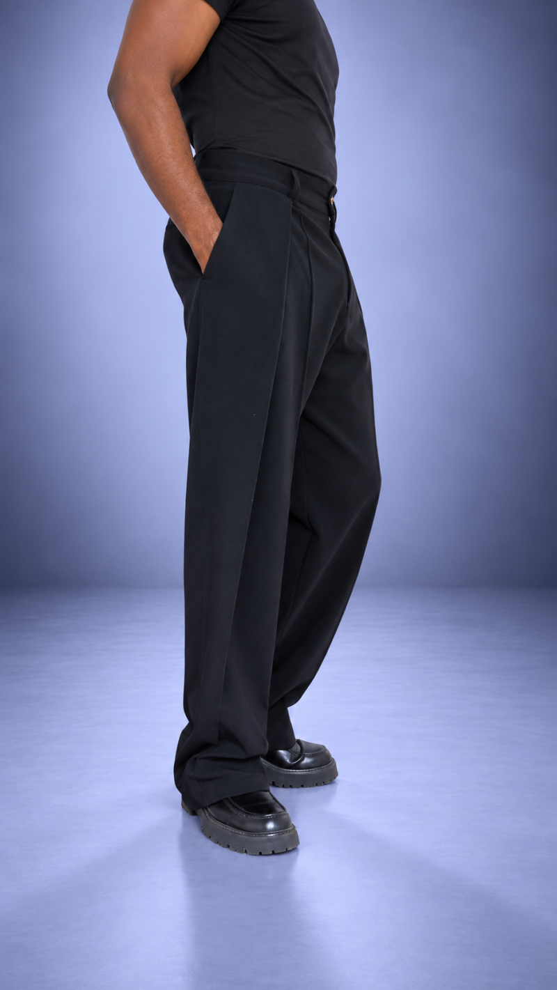Pantalon pince plissée LIBOSO – Crêpe Fluide Noir Oversize Croisé | S.Keïdgi