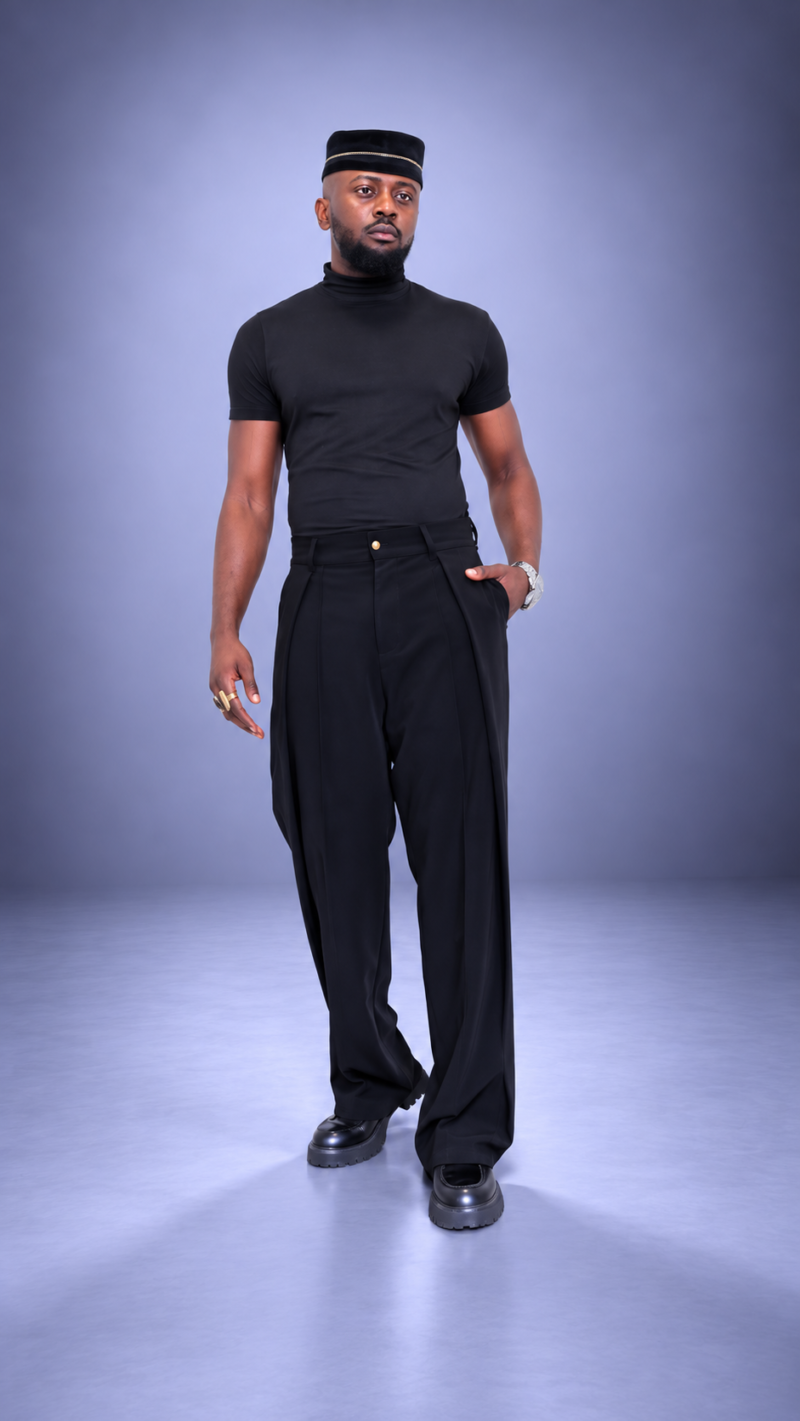Pantalon pince plissée LIBOSO – Crêpe Fluide Noir Oversize Croisé | S.Keïdgi