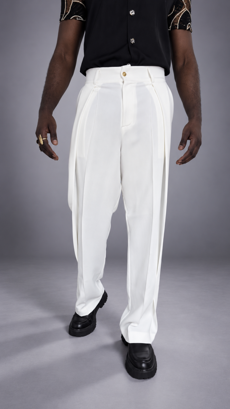 Pantalon pince plissée PEMBE – Crêpe Fluide Blanc Cassé Oversize Plissé