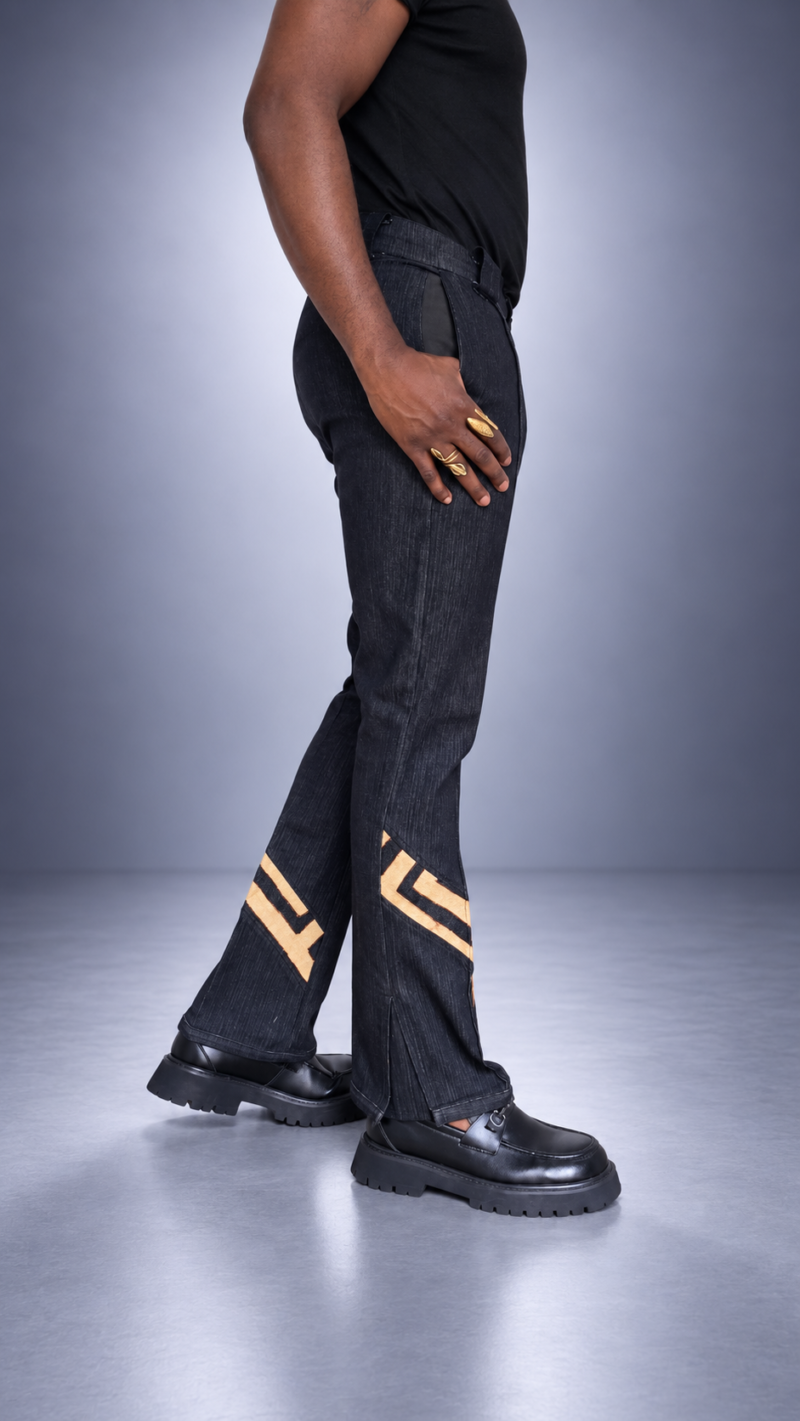 Pantalon BOKONZI – Denim Noir & Raphia Kuba Congo