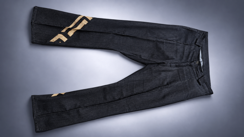 Pantalon BOKONZI – Denim Noir & Raphia Kuba Congo