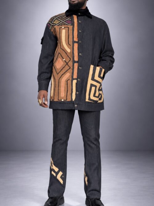 Veste en jean BOKONZI – Denim Noir & Raphia Kuba Congo Col Velours