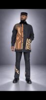 Veste en jean BOKONZI – Denim Noir & Raphia Kuba Congo Col Velours