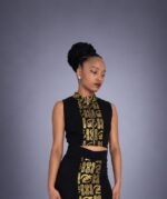 Crop Top NGUYA – Col Mao Wax Noir & Or Pailleté