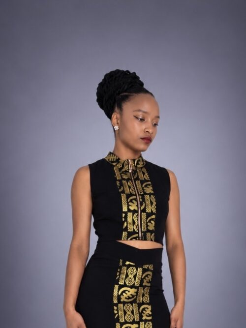Crop Top NGUYA – Col Mao Wax Noir & Or Pailleté