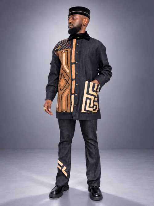 Veste en jean BOKONZI – Denim Noir & Raphia Kuba Congo Col Velours