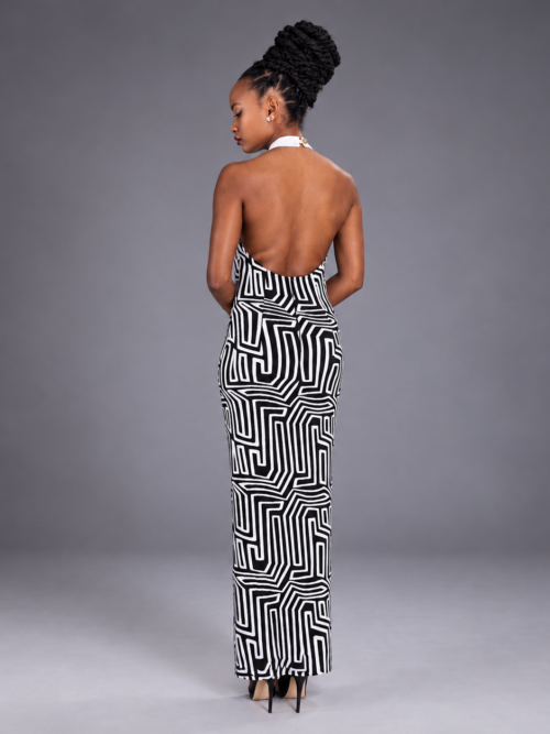 Robe Longue Dos Nu SANGA – Raphia Zèbre Noir & Blanc, Col Mao