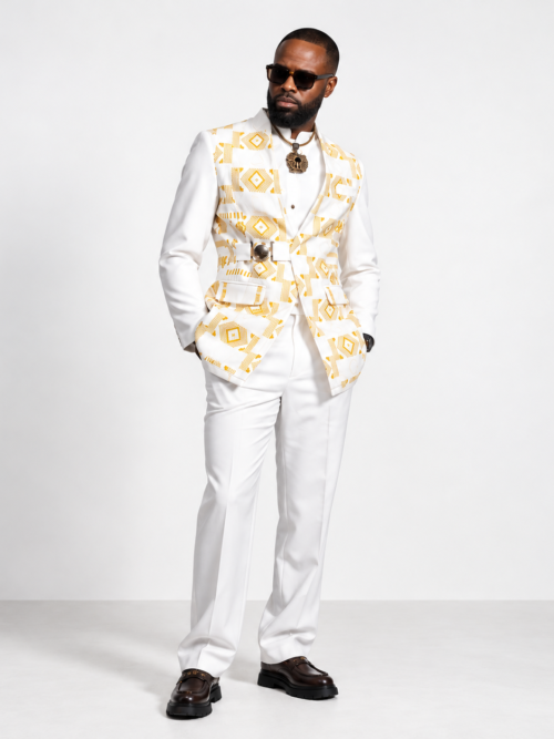 Veste MOKONZI – Blazer Croisé Kente Ashanti Blanc & Or Ghana