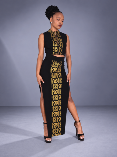 Crop Top NGUYA – Col Mao Wax Noir & Or Pailleté