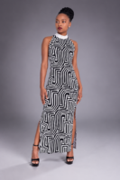 Robe Longue Dos Nu SANGA – Raphia Zèbre Noir & Blanc, Col Mao