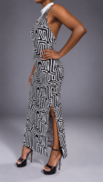 Robe Longue Dos Nu SANGA – Raphia Zèbre Noir & Blanc, Col Mao